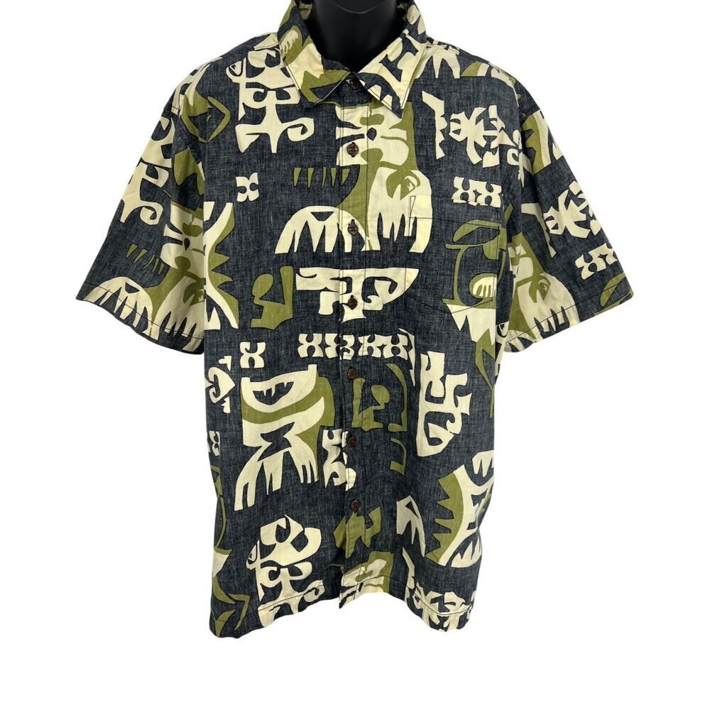 Quiksilver Mens Short Sleeve Hawaiian Shirt Size Large L Gray Tribal Hawaiian EU